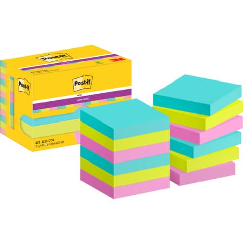 Foglietti riposizionabili Post-it® Super Sticky Miami 47,6x47,6 mm assortiti conf. 12 blocc. da 90 ff - 622-12SS-MIA